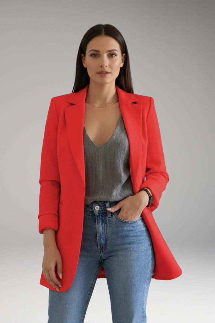 Women’s Long Blazer with Open Front and Patch Pocket