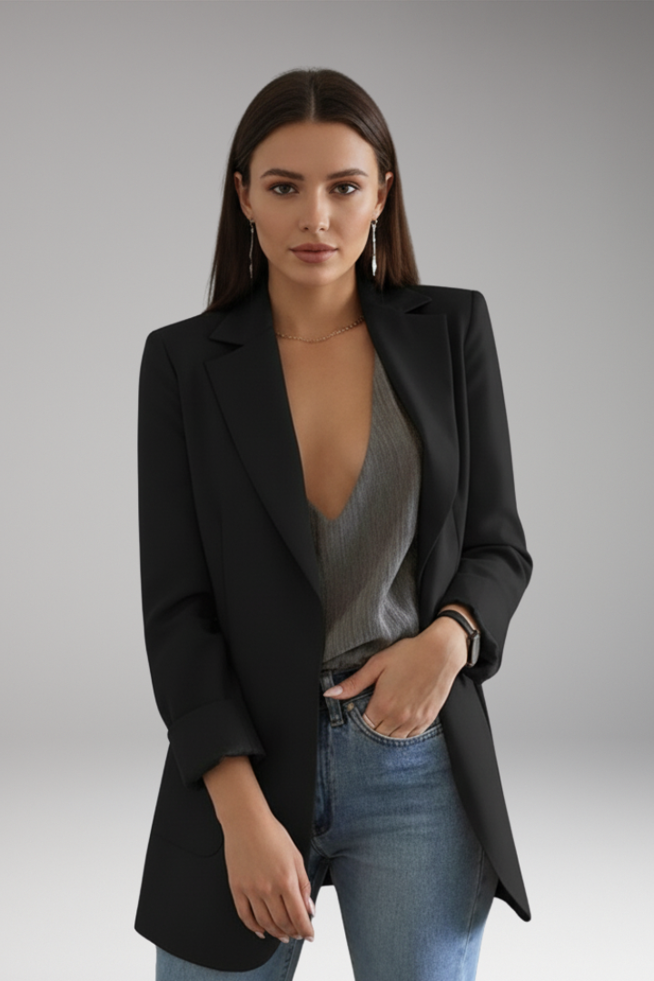 Women’s Long Blazer with Open Front and Patch Pocket