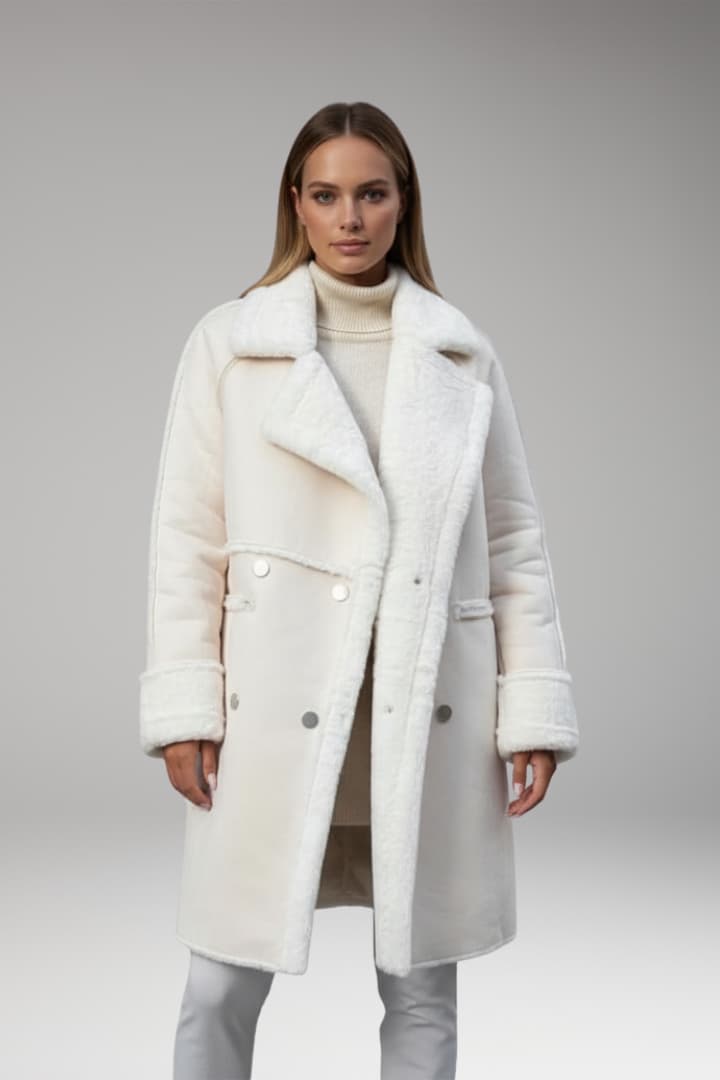 Women’s Long Coat with Faux Fur Trim and Button Closure