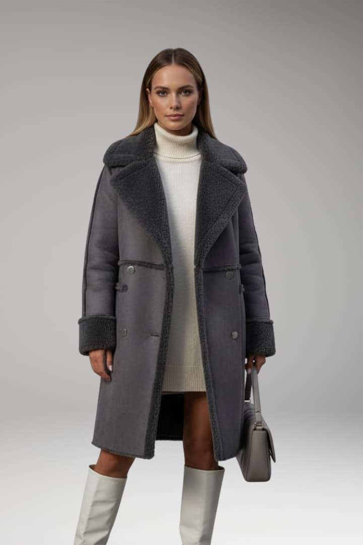 Women’s Long Coat with Faux Fur Trim and Button Closure