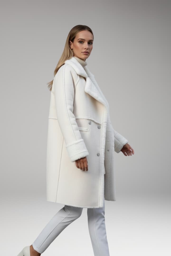 Women’s Long Coat with Faux Fur Trim and Button Closure