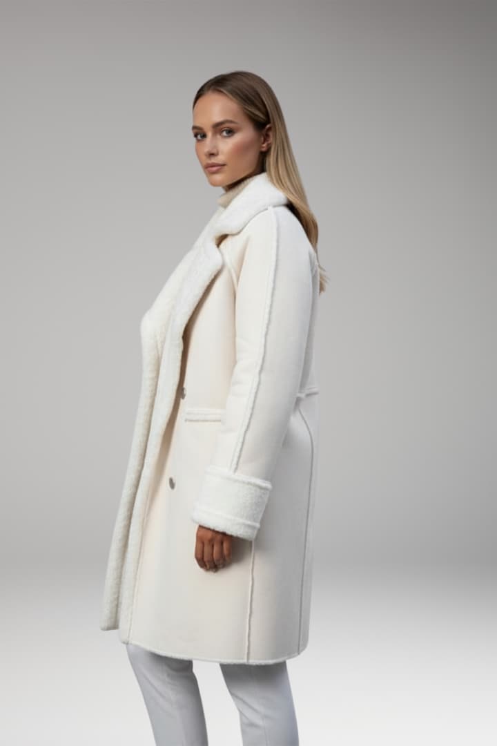Women’s Long Coat with Faux Fur Trim and Button Closure