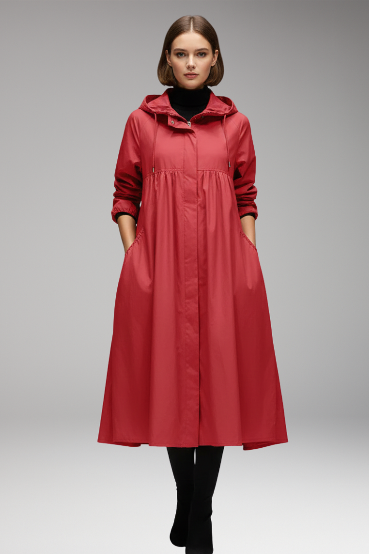 Women’s Long Coat with Hood and Front Zip