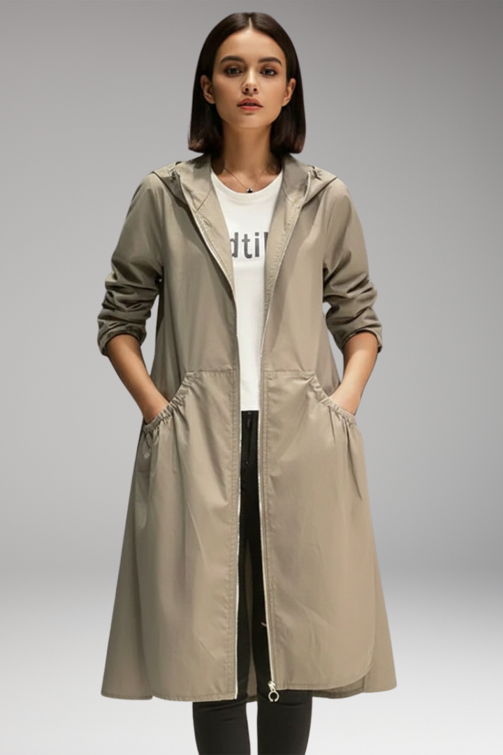 Women’s Long Coat with Hood and Front Zip