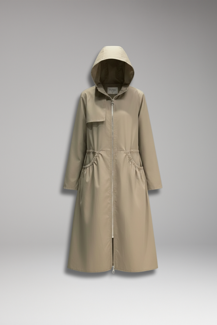 Women’s Long Coat with Hood and Front Zip