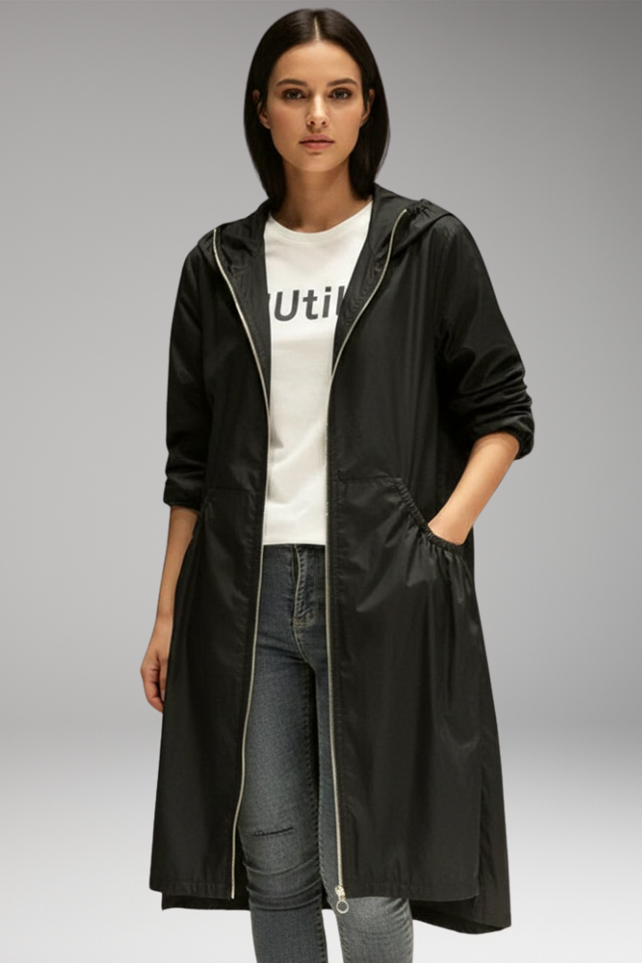 Women’s Long Coat with Hood and Front Zip