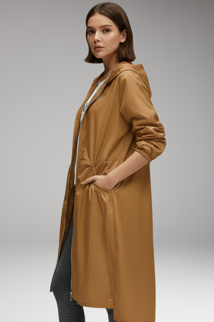Women’s Long Coat with Hood and Front Zip