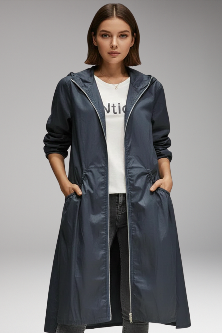 Women’s Long Coat with Hood and Front Zip