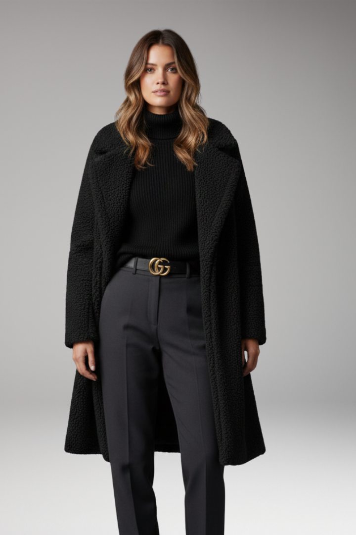 Women’s Long Coat with Lapel Collar and Textured Outer Surface