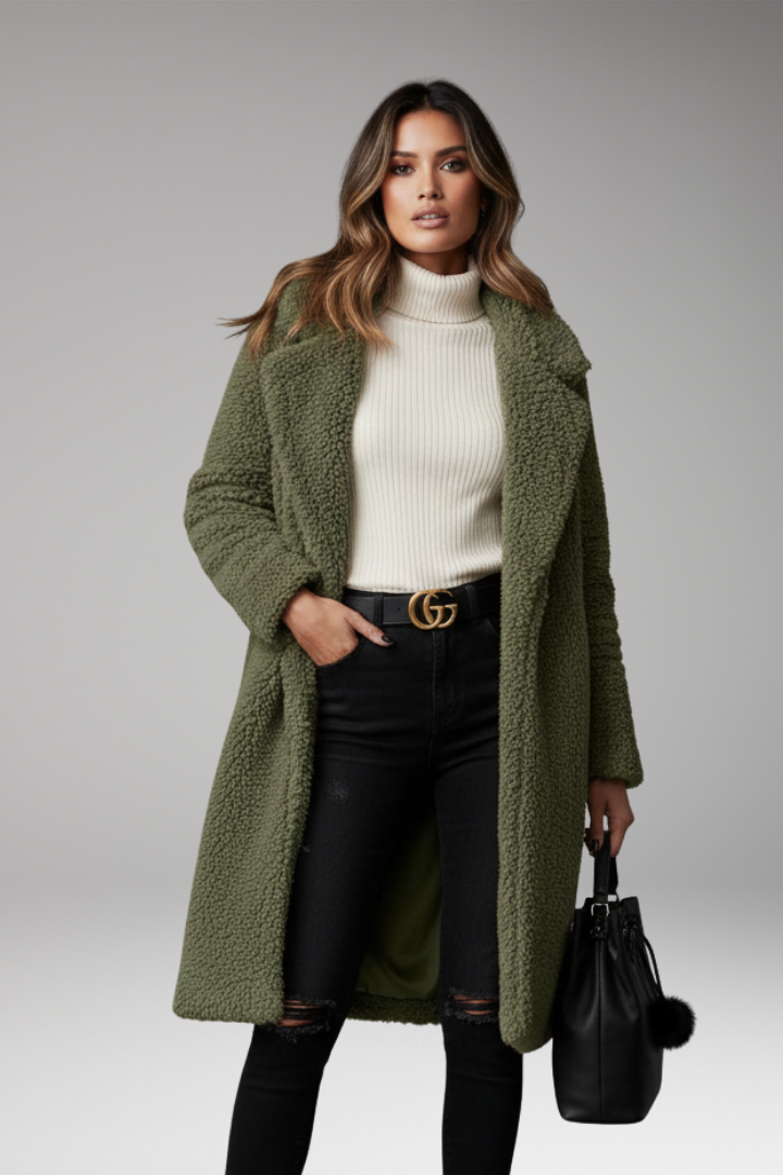 Women’s Long Coat with Lapel Collar and Textured Outer Surface