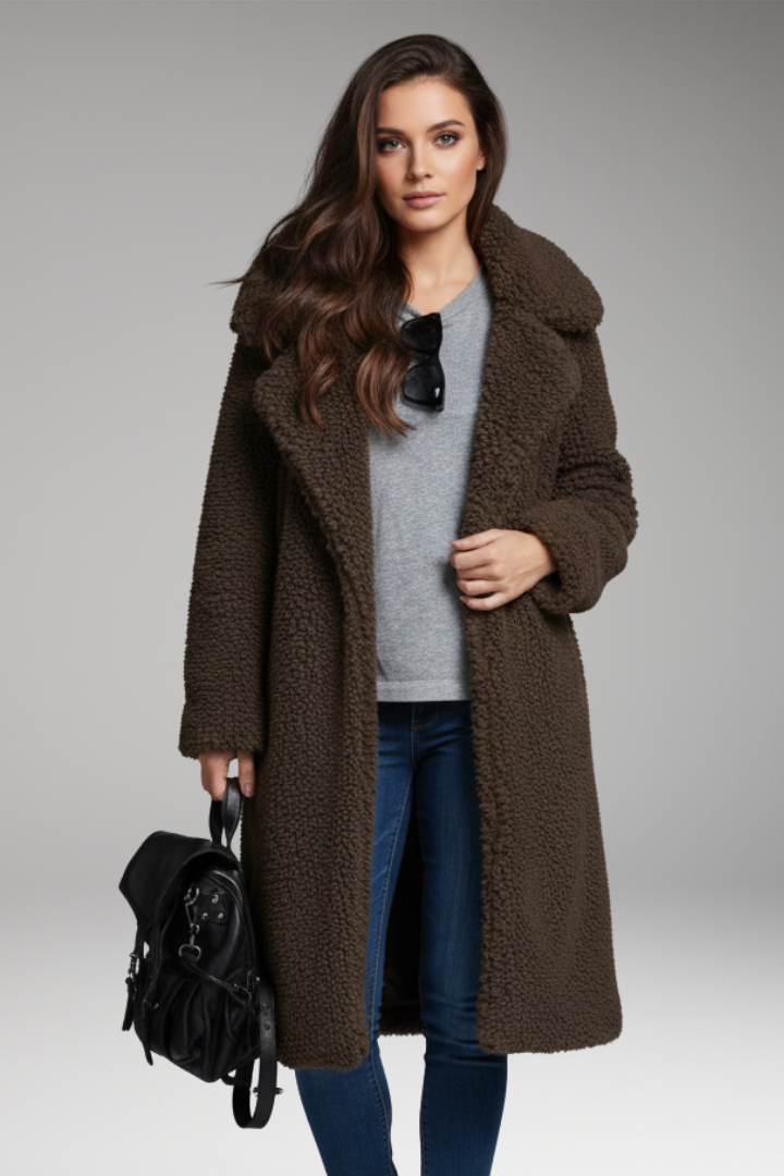 Women’s Long Coat with Lapel Collar and Textured Outer Surface