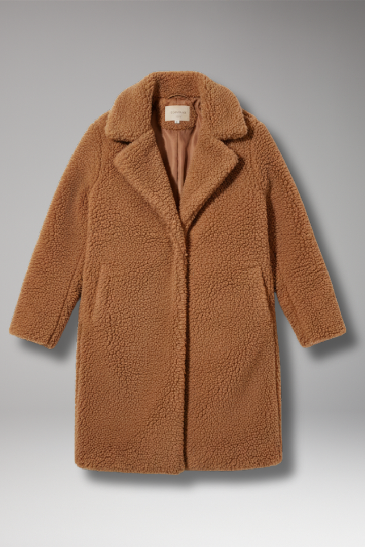 Women’s Long Coat with Lapel Collar and Textured Outer Surface