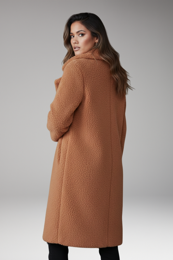 Women’s Long Coat with Lapel Collar and Textured Outer Surface