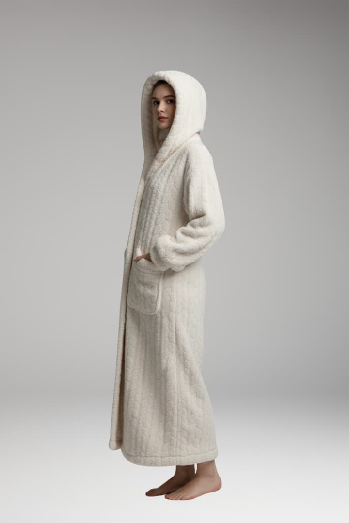 Women’s Long Hooded Bathrobe with Front Pockets and Button Closure