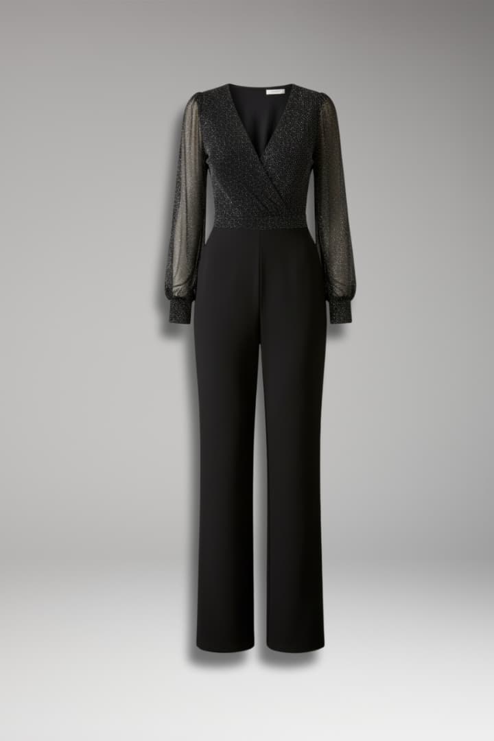 Women's Long Sleeve Glitter Jumpsuit with Sheer Top
