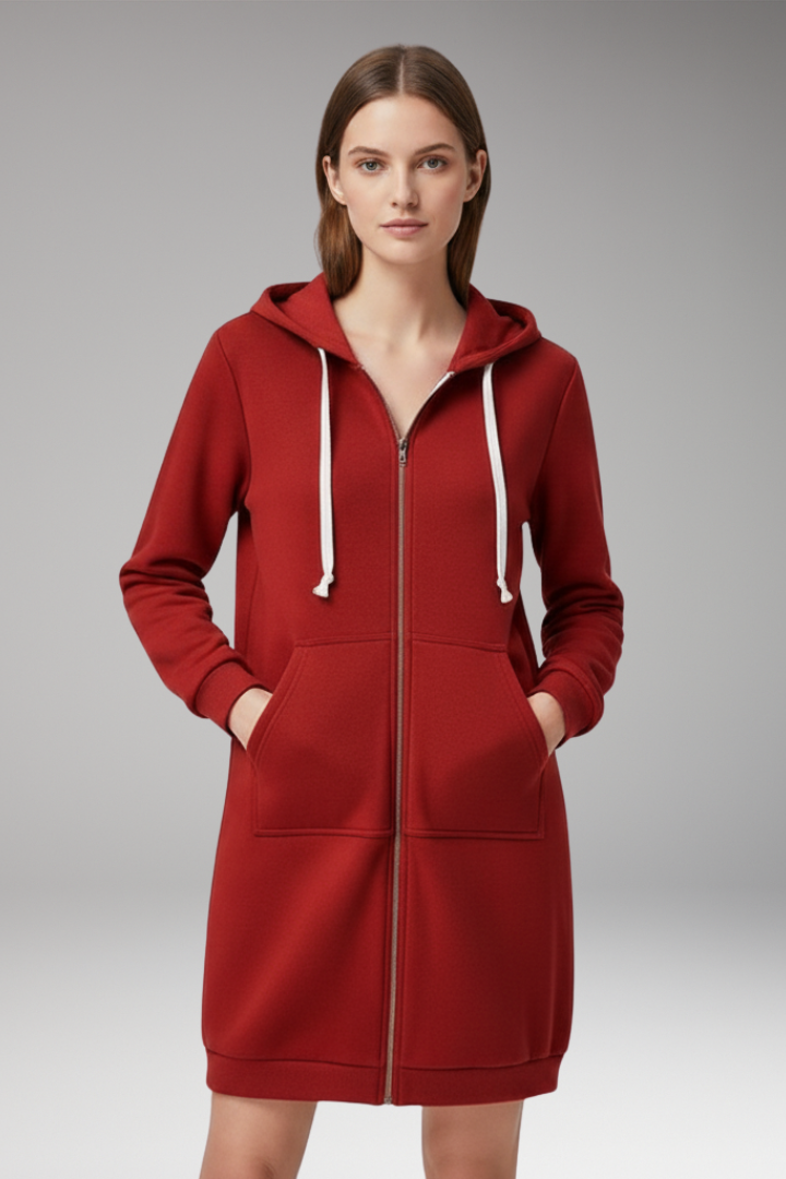Women’s Longline Zip Hoodie with Hood and Pockets