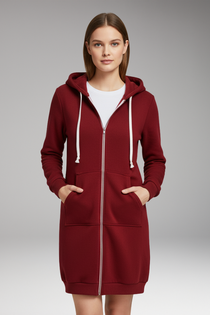 Women’s Longline Zip Hoodie with Hood and Pockets