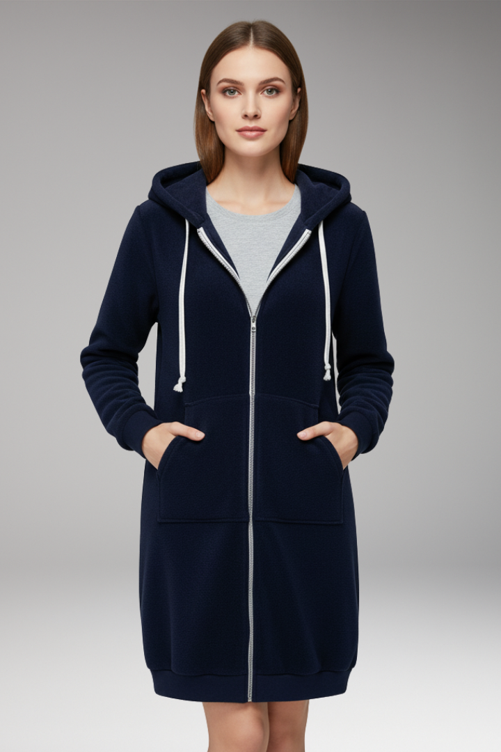 Women’s Longline Zip Hoodie with Hood and Pockets