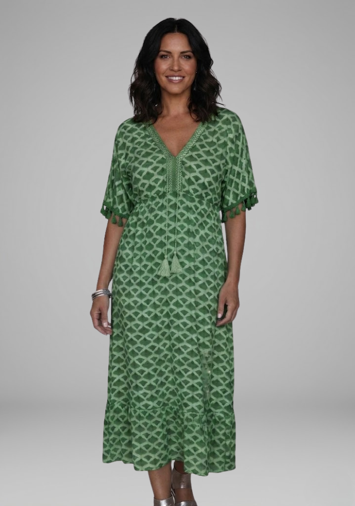 Women's Midi Dress with Short Sleeves and Printed Surface