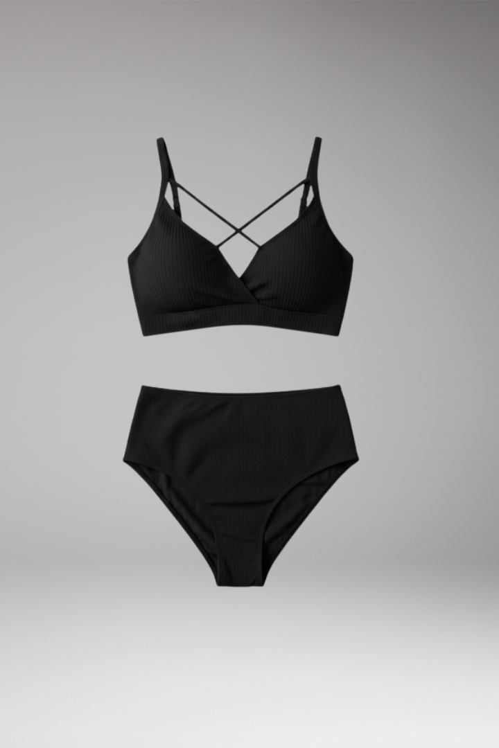 Women's Plus-Size Bikini with Ribbed Texture and Cross-Back Design