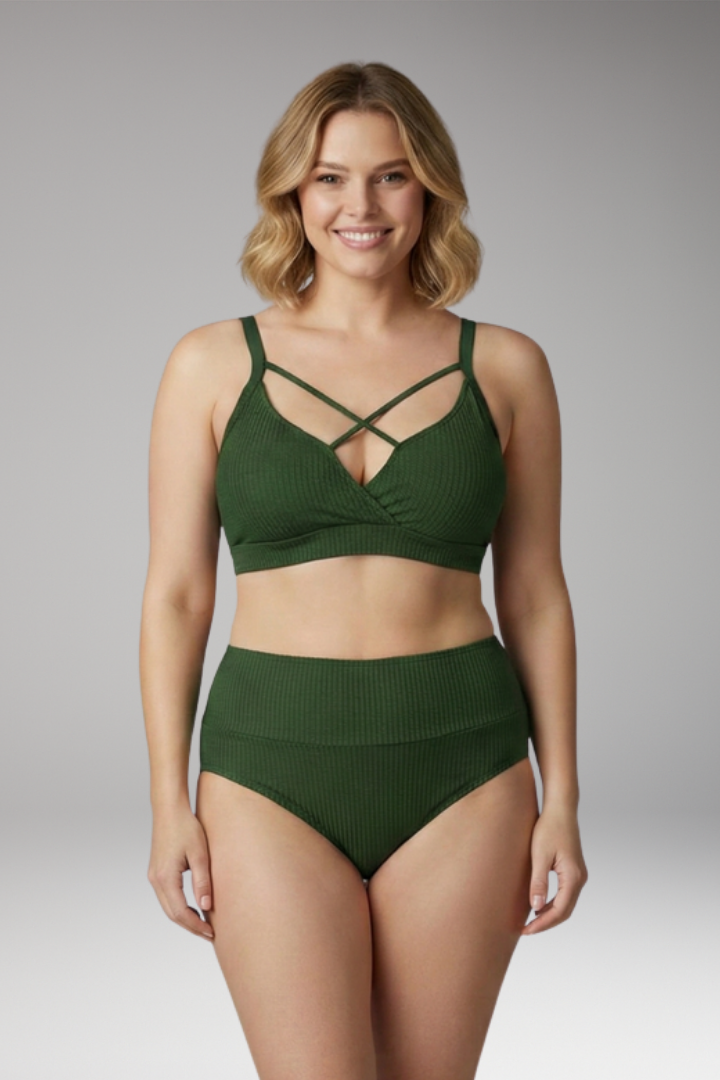 Women's Plus-Size Bikini with Ribbed Texture and Cross-Back Design