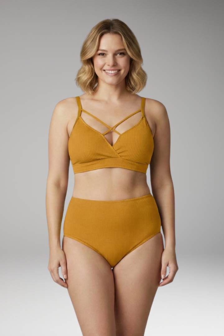 Women's Plus-Size Bikini with Ribbed Texture and Cross-Back Design