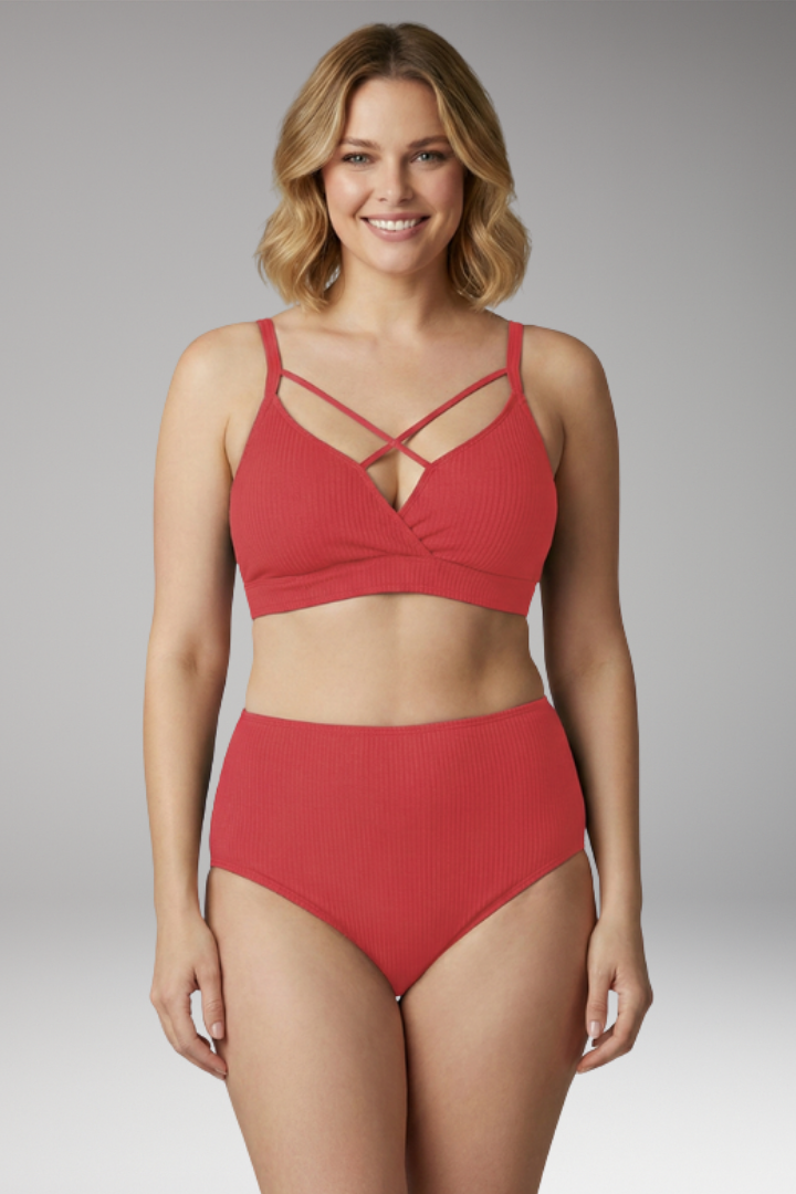 Women's Plus-Size Bikini with Ribbed Texture and Cross-Back Design