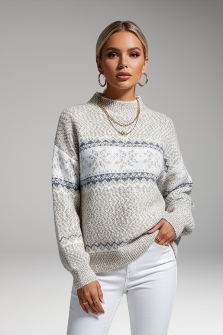 Women’s Pullover Jumper with Mock Neck and Ribbed Edges