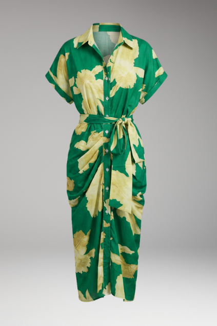 Women's Shirt Dress with Belt Tie and Short Sleeves