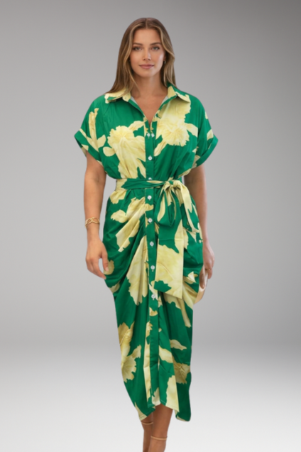 Women's Shirt Dress with Belt Tie and Short Sleeves