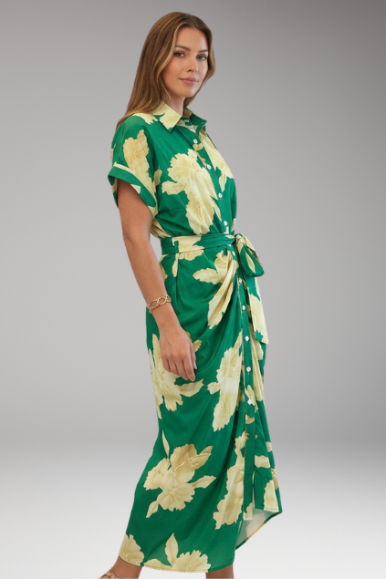 Women's Shirt Dress with Belt Tie and Short Sleeves