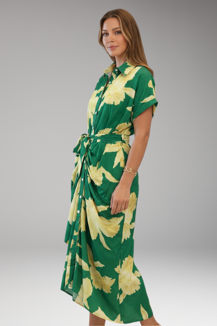 Women's Shirt Dress with Belt Tie and Short Sleeves