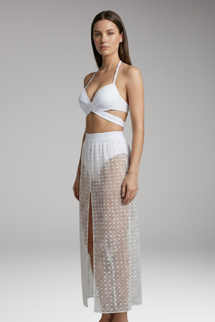 Women’s Three-Piece Bikini with Criss-Cross Top and Mesh Skirt