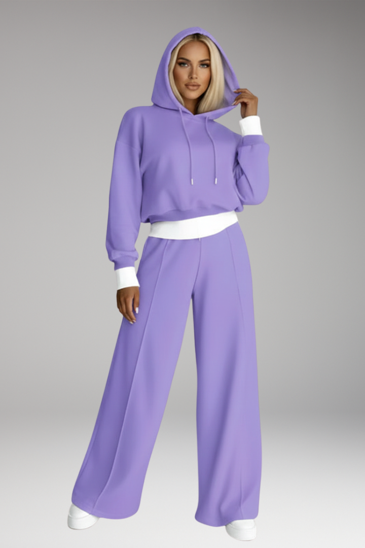 Women’s Tracksuit Set with Drawstring Hoodie and Wide-Leg Trousers