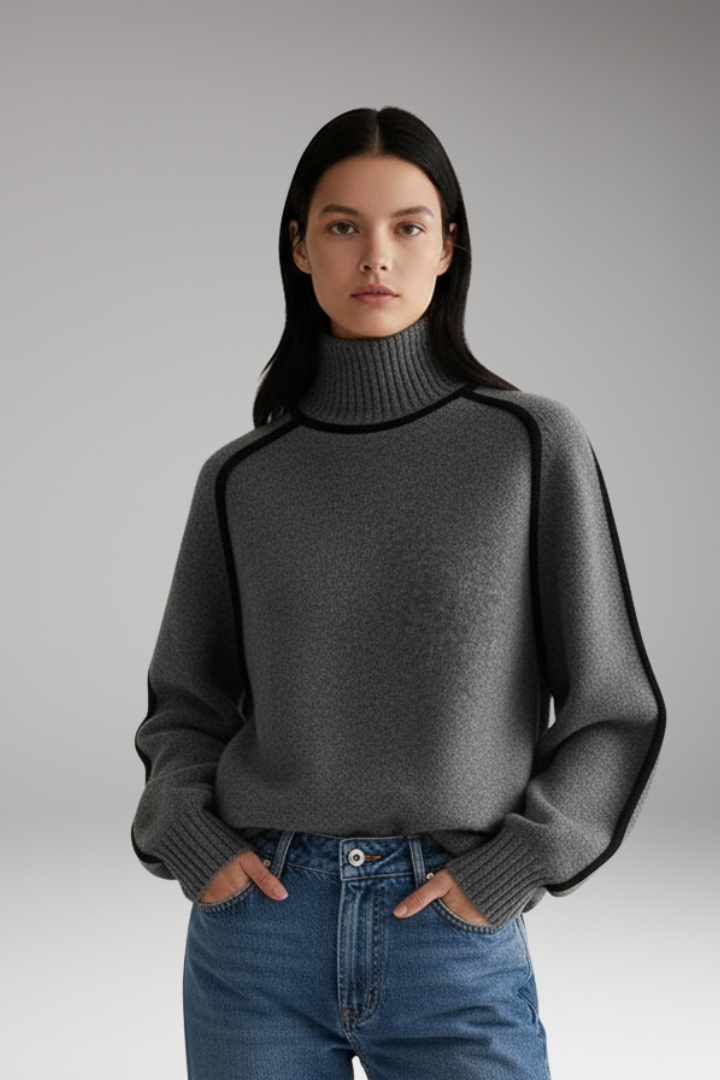 Women’s Turtleneck Jumper with High Collar and Piping Detail