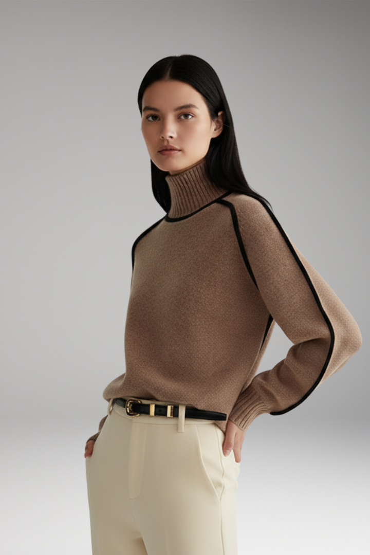 Women’s Turtleneck Jumper with High Collar and Piping Detail