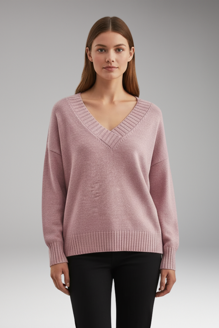 Women’s V-Neck Jumper with Ribbed Trim and Knit Design