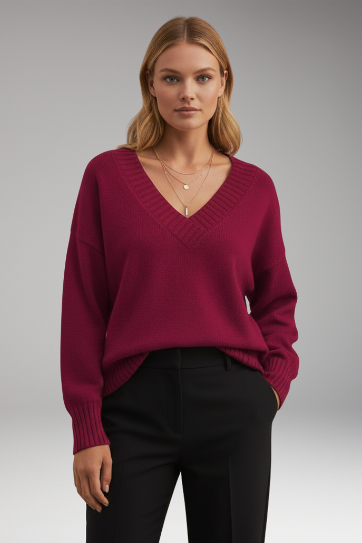 Women’s V-Neck Jumper with Ribbed Trim and Knit Design
