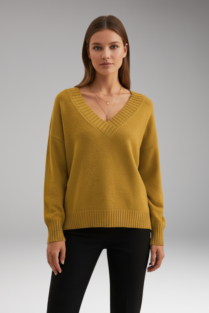 Women’s V-Neck Jumper with Ribbed Trim and Knit Design