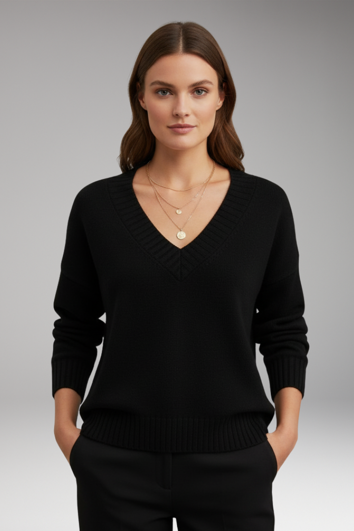 Women’s V-Neck Jumper with Ribbed Trim and Knit Design