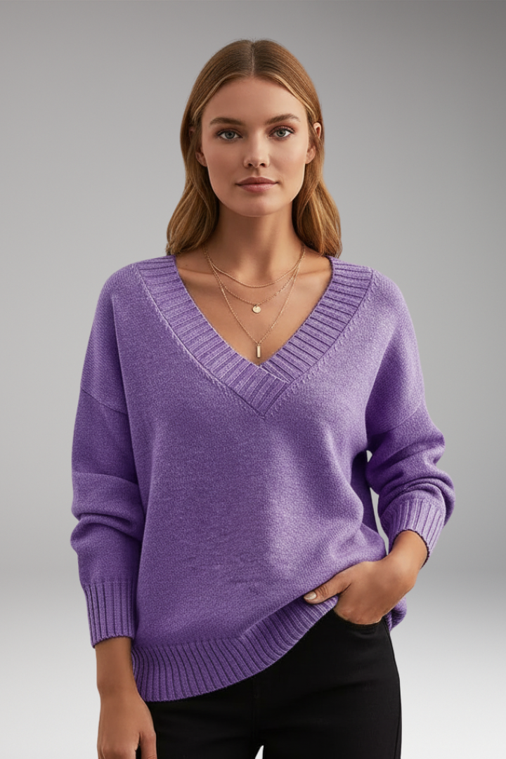 Women’s V-Neck Jumper with Ribbed Trim and Knit Design