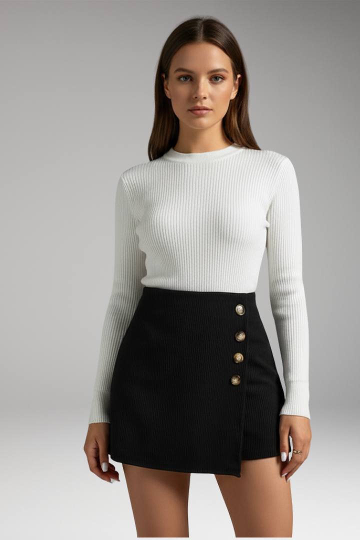 Women’s Woven Skirt with Button Detail and Micro Elastic Waist