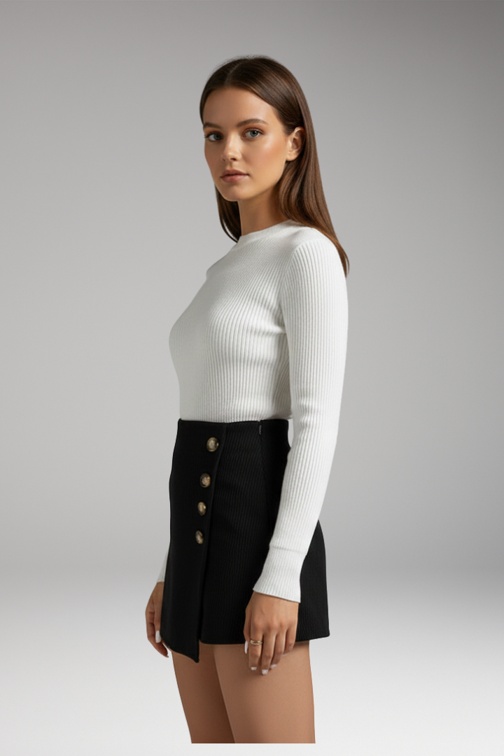 Women’s Woven Skirt with Button Detail and Micro Elastic Waist