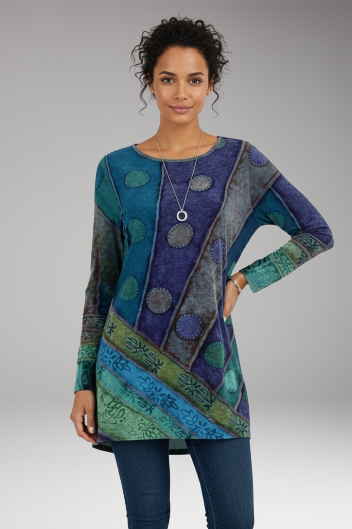 Women’s Tunic Top with Round Neckline and Patchwork Pattern