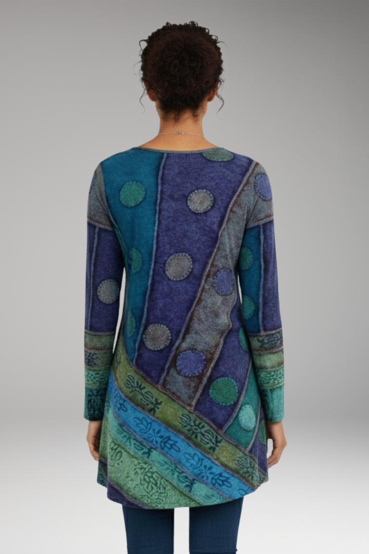 Women’s Tunic Top with Round Neckline and Patchwork Pattern