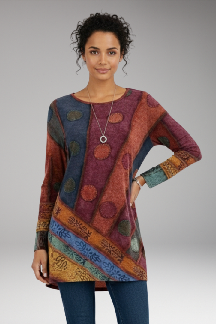 Women’s Tunic Top with Round Neckline and Patchwork Pattern
