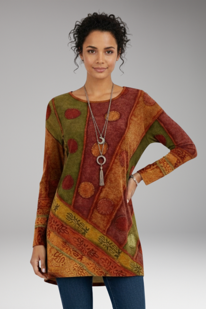 Women’s Tunic Top with Round Neckline and Patchwork Pattern