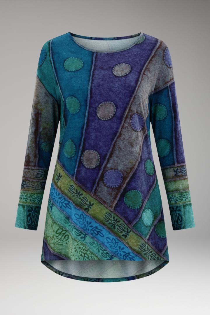 Women’s Tunic Top with Round Neckline and Patchwork Pattern