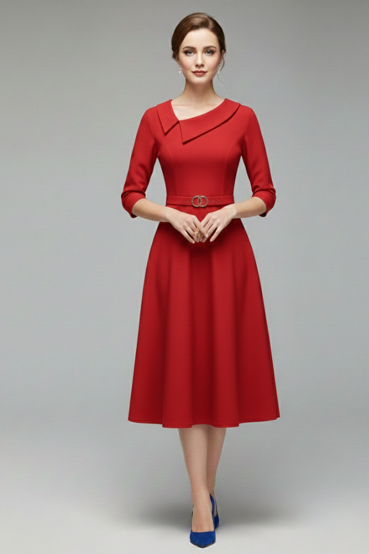 Women's 3/4 Sleeve Festive Dress with Asymmetrical Neckline and Belt