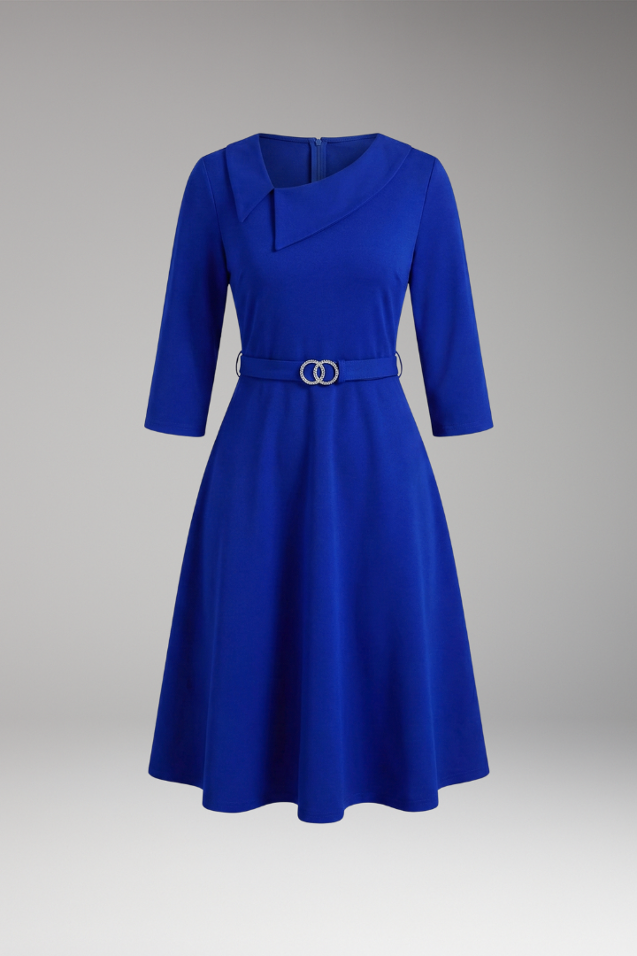 Women's 3/4 Sleeve Festive Dress with Asymmetrical Neckline and Belt